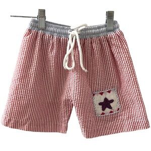 The Bubble Bee Boys Red White Seersucker Smoked Beach Swim Shorts Sz 24 months